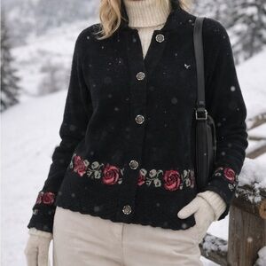 Obermeyer Vintage Chalet Cardigan Black Wool Rose Embroidered Sweater Small